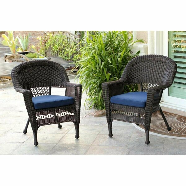 Jeco W00201-2-FS011-CS Espresso Wicker Chair with Blue Cushion, 2PK W00201_2-FS011-CS